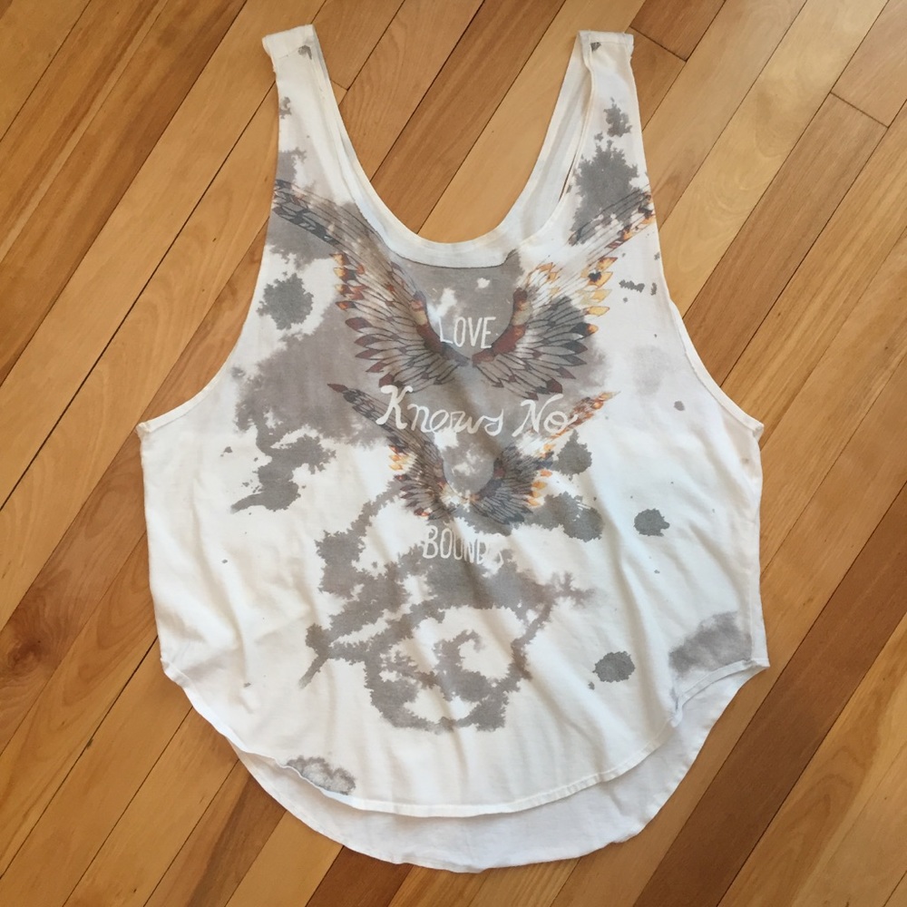 Free People White Tank Top with Gray and Brown Eagle Graphic
